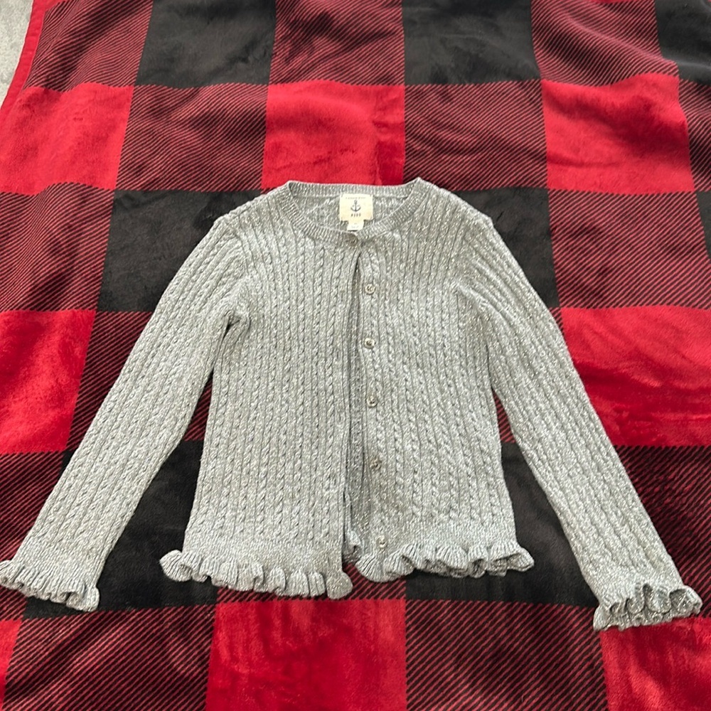 Land’s End Kids, Girl’s Gray & Silver Cable Cardigan Sweater, Medium 5-6